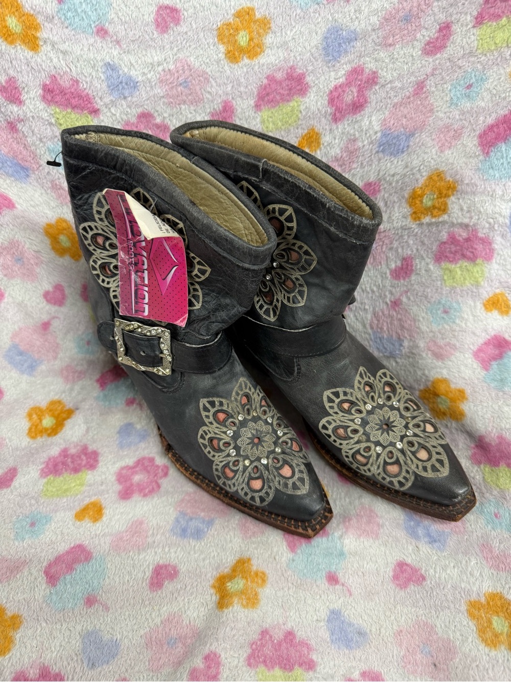 Black Floral Cutout Western Ankle Booties with Buckle